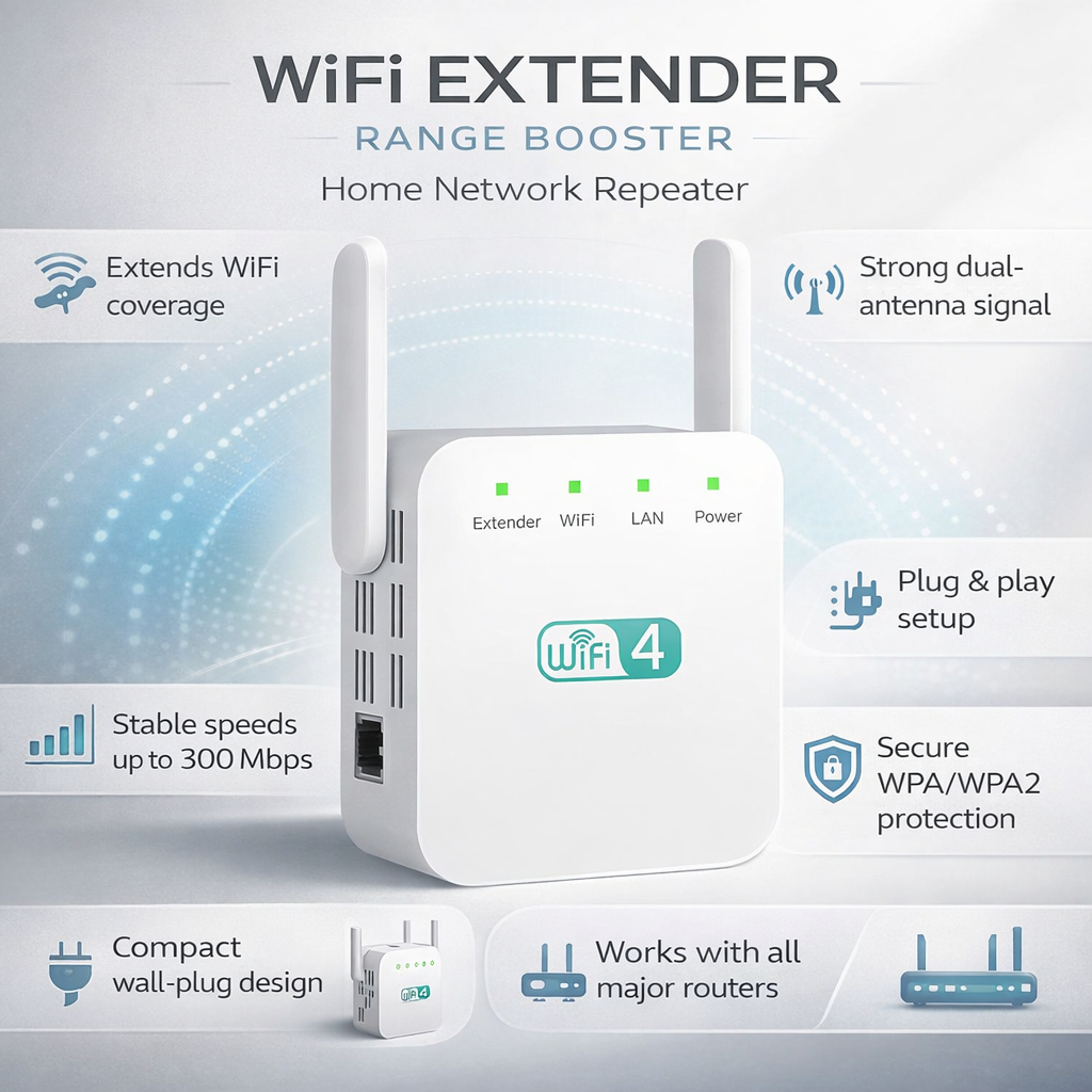 WiFi Range Extender with Dual Antennas for Home and Office