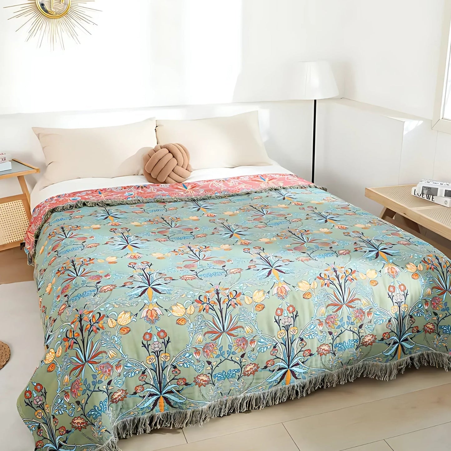Reversible Floral Cotton Blanket with Tassels