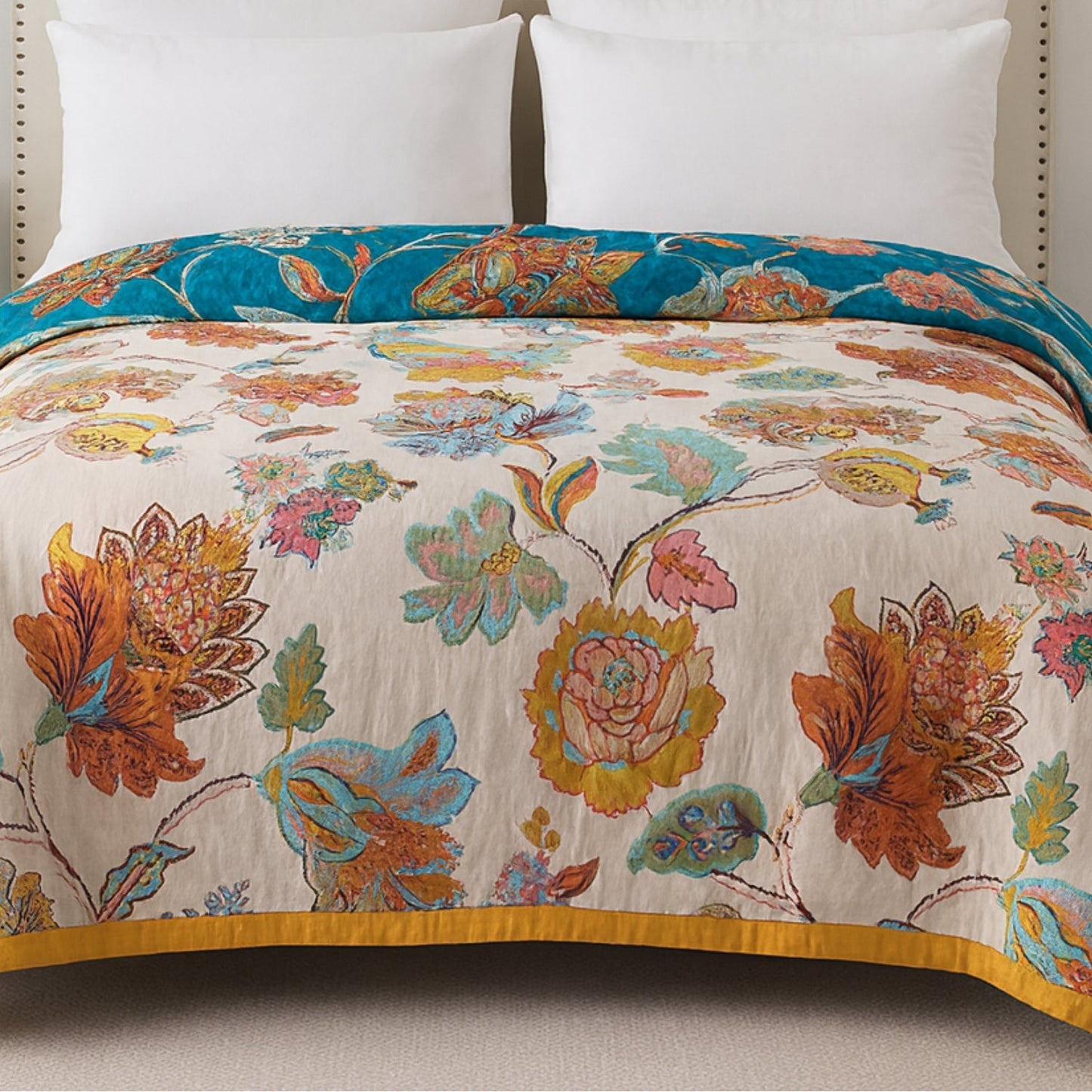 Reversible Floral Cotton Blanket for Couches and Beds