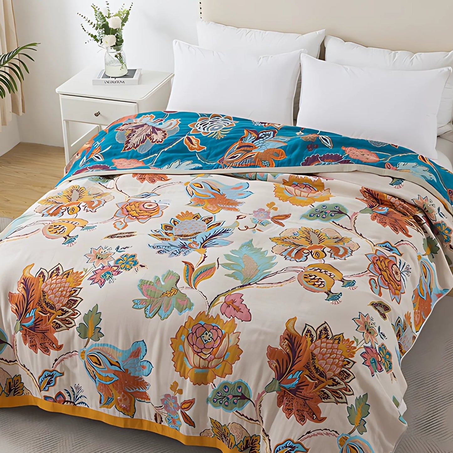 Reversible Floral Cotton Blanket for Couches and Beds