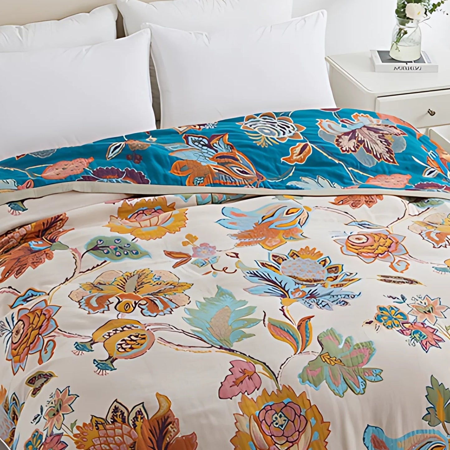Reversible Floral Cotton Blanket for Couches and Beds