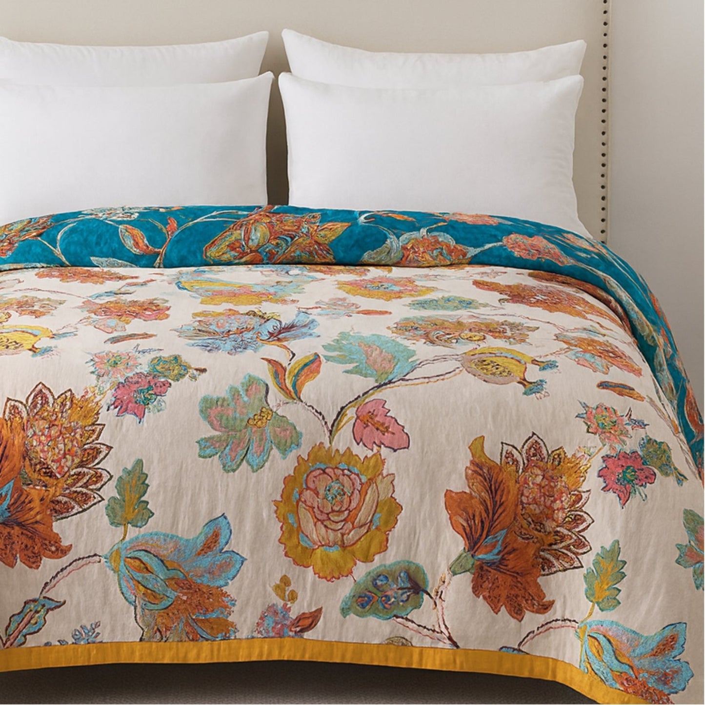 Reversible Floral Cotton Blanket for Couches and Beds