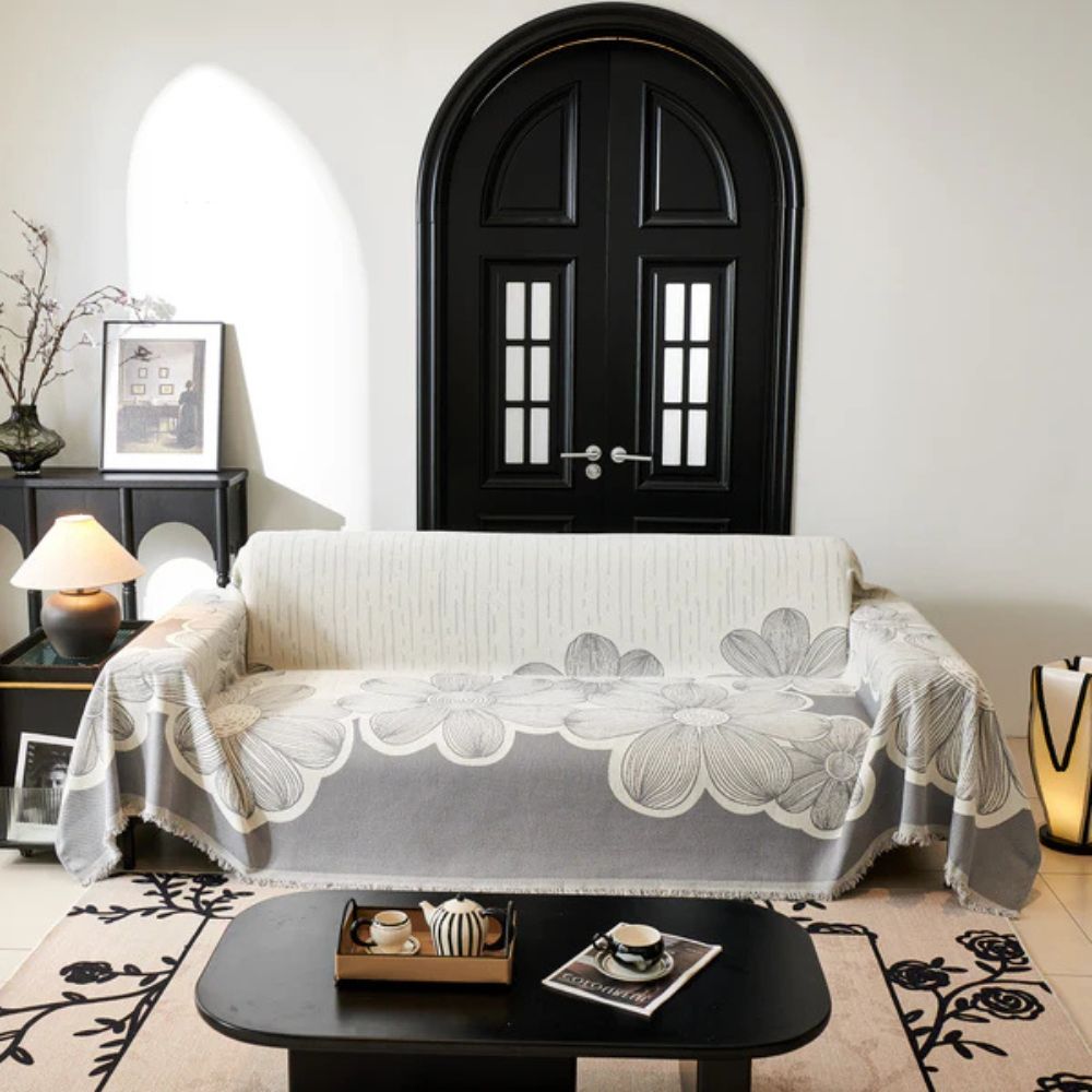 Floral Chenille Sofa Cover with Tasselled Borders