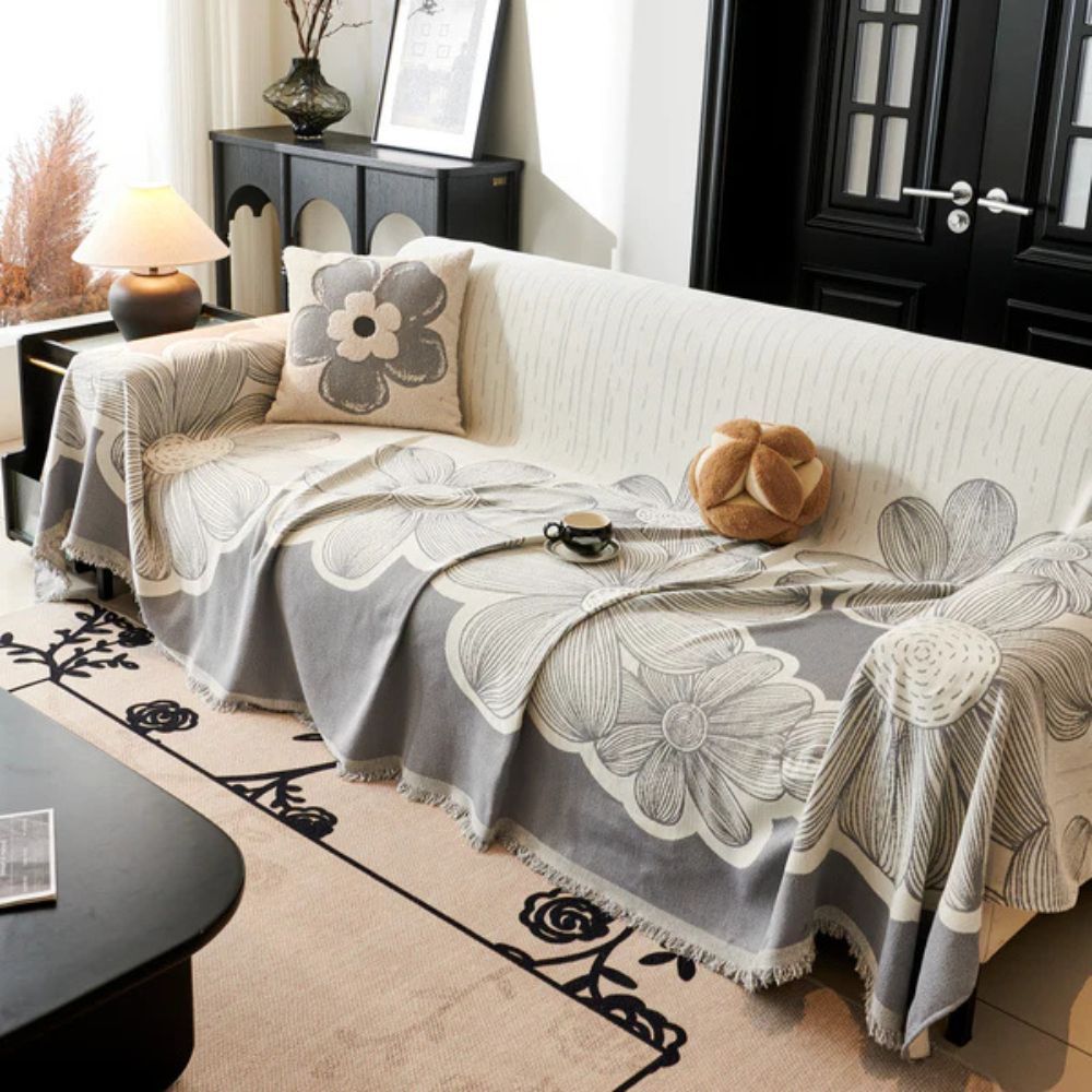 Floral Chenille Sofa Cover with Tassels