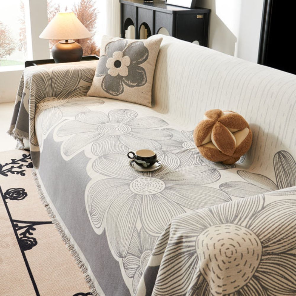 Floral Chenille Sofa Cover with Tasselled Borders