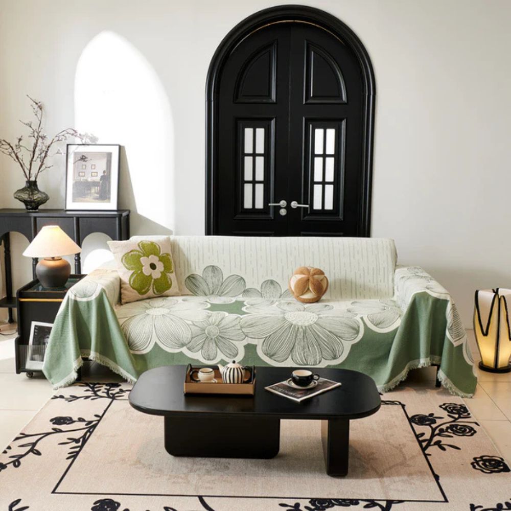 Floral Chenille Sofa Cover with Tasselled Borders