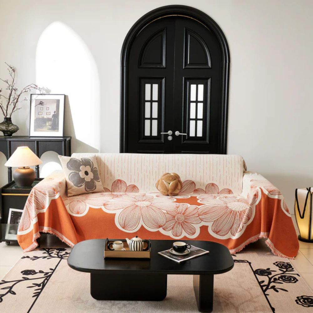 Floral Chenille Sofa Cover with Tassels