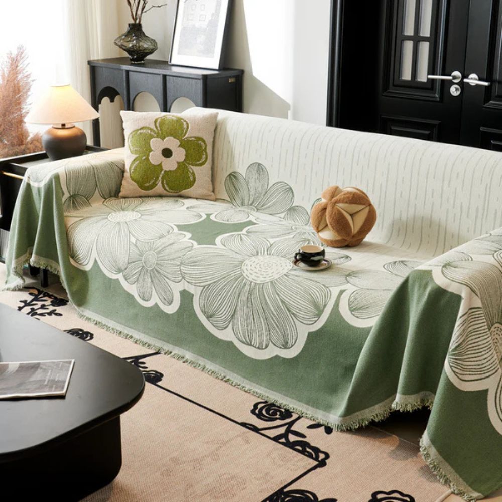 Floral Chenille Sofa Cover with Tassels