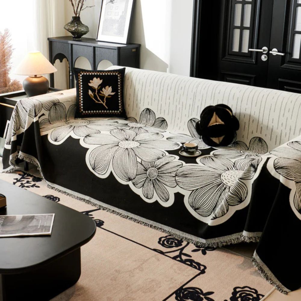 Floral Chenille Sofa Cover with Tassels