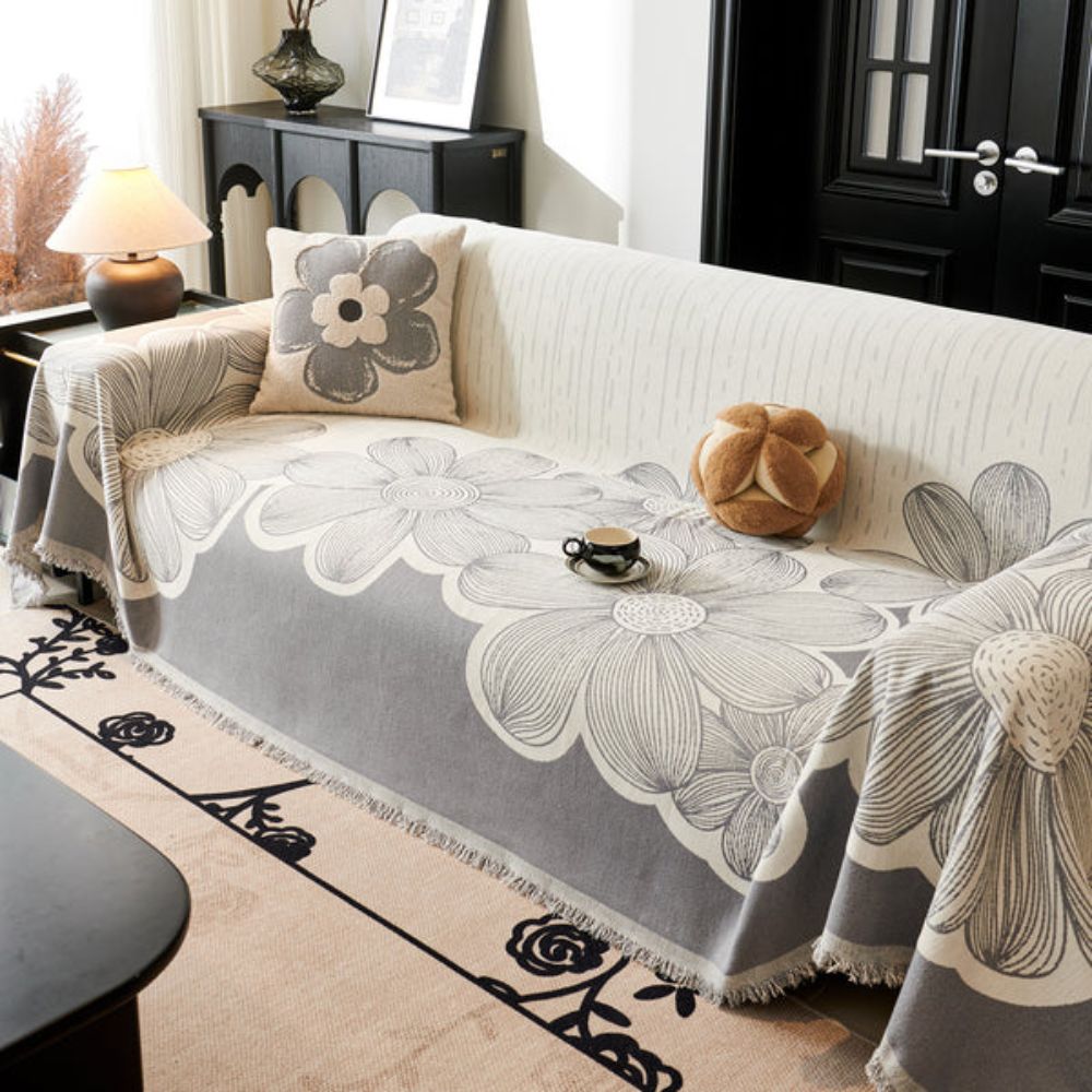 Floral Chenille Sofa Cover with Tasselled Borders
