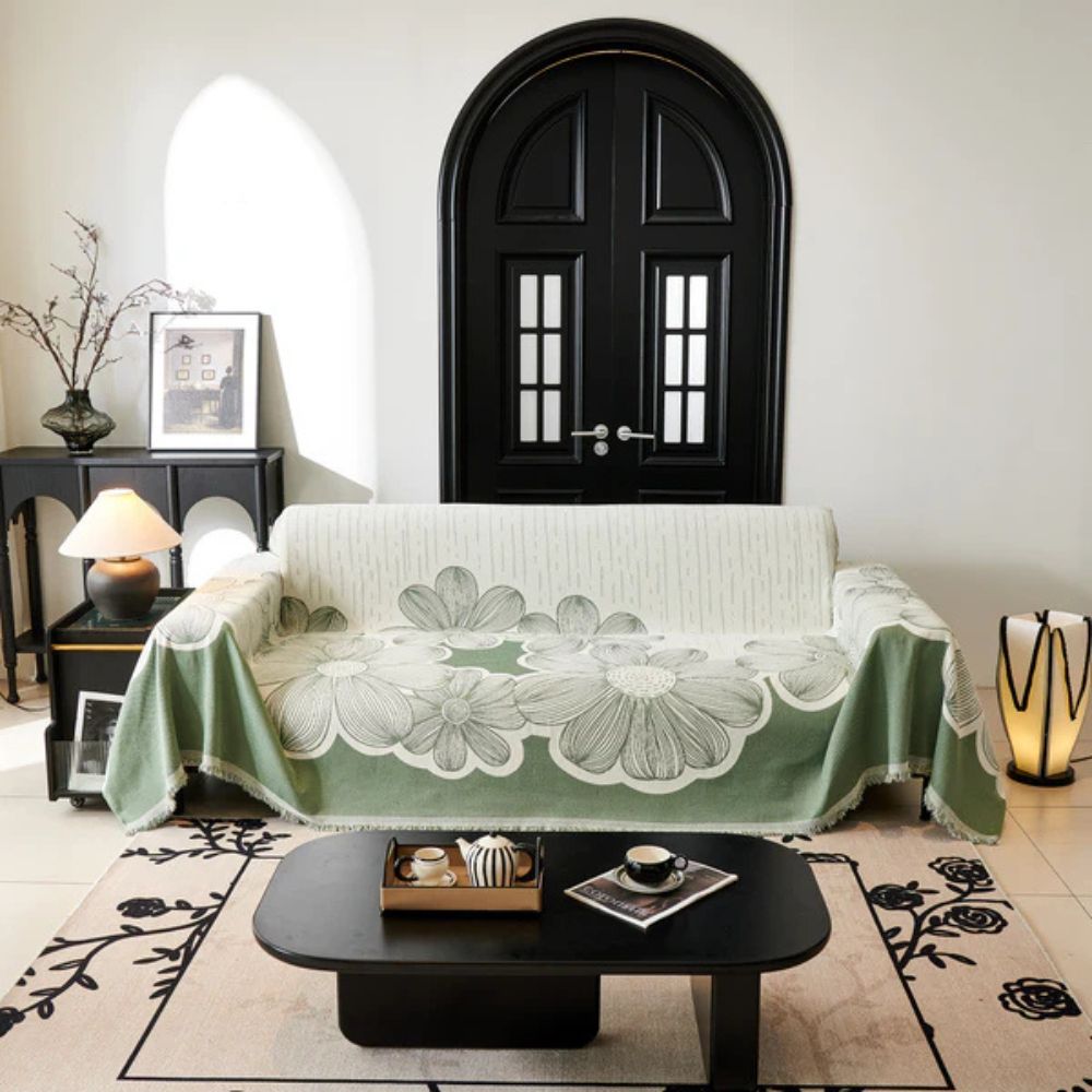 Floral Chenille Sofa Cover with Tasselled Borders