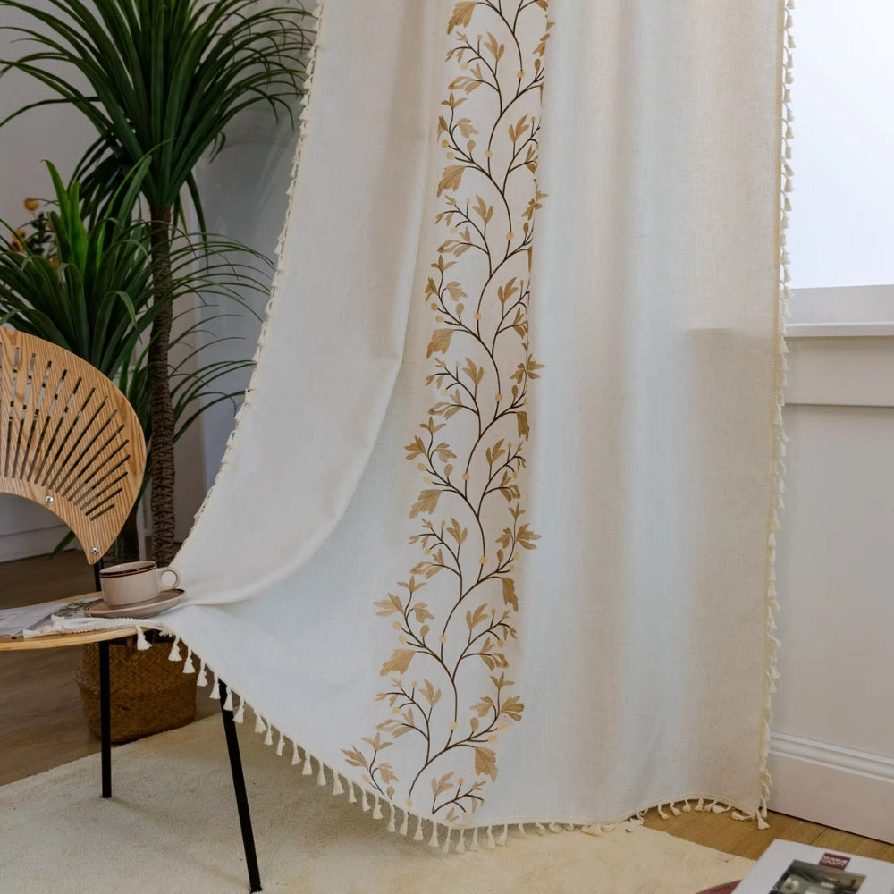 Floral Tassel Curtain in Soft Natural Tones