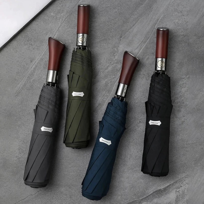 Auto-Open Umbrella with Wooden Handle in Classic Colors