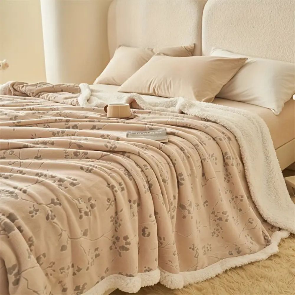 Plush Double-Layer Floral Blanket in Beige