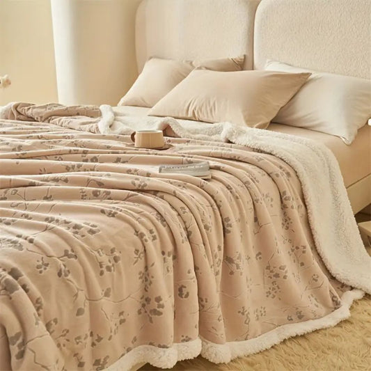 Plush Double-Layer Floral Blanket in Beige