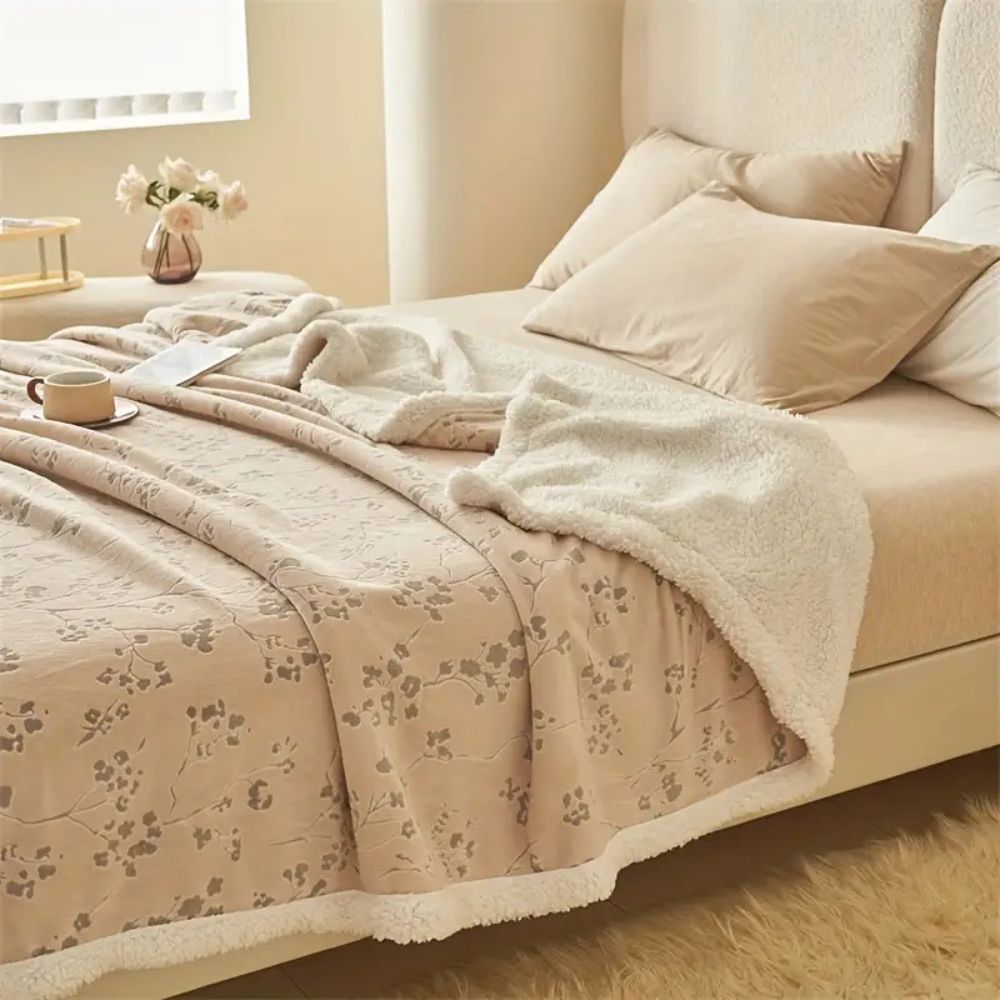 Plush Double-Layer Floral Blanket in Beige