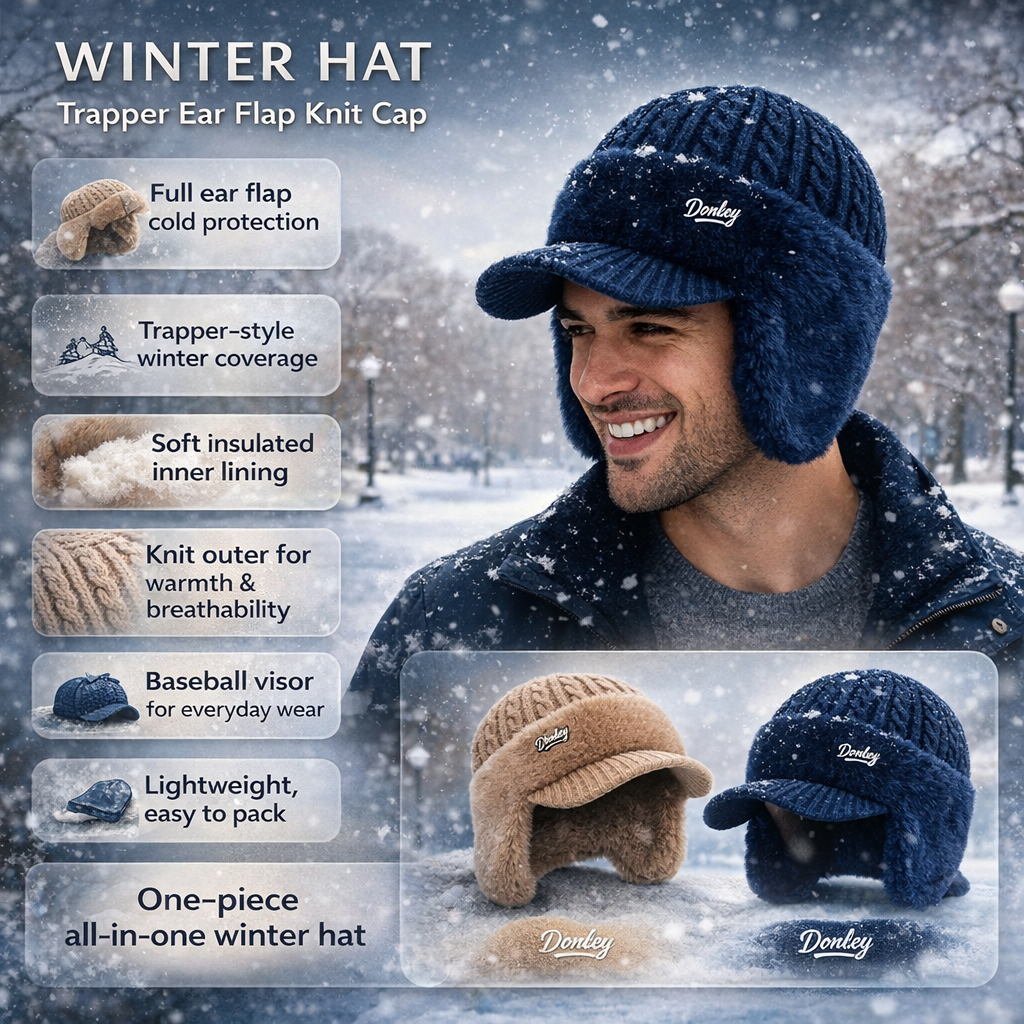 Winter Trapper Hat with Ear Flaps and Visor