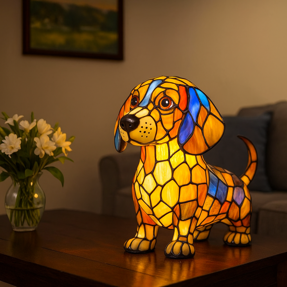 Stained Glass Dog Night Lamp with Color Changing LED