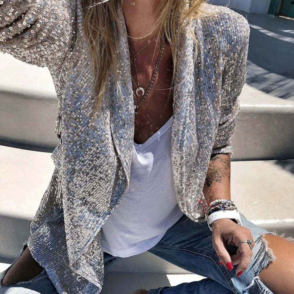 Elegant Women's Open Front Blazer with Subtle Sequins