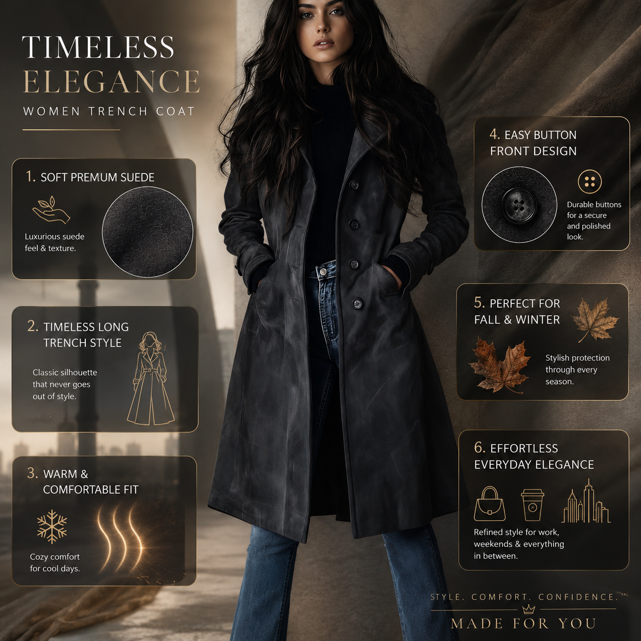 Suede Long Button Front Trench Coat for Women