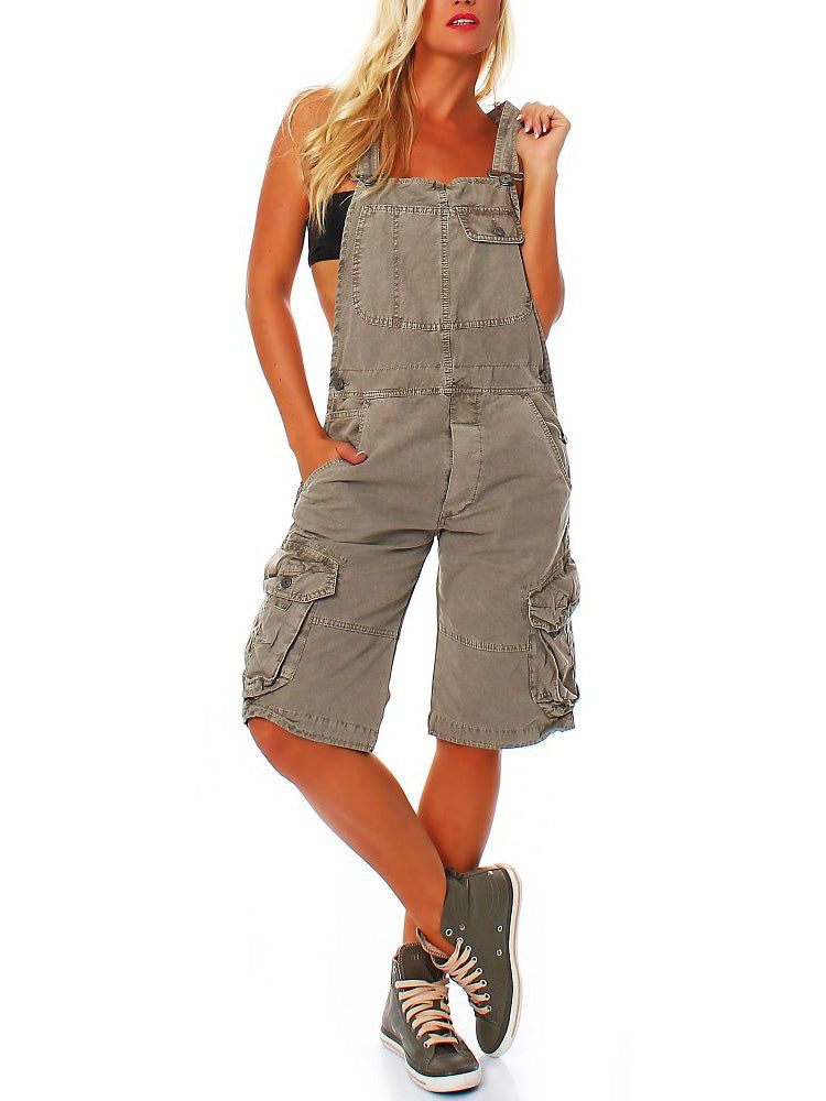 Women's Adjustable Denim Cargo Overall Shorts with Pockets