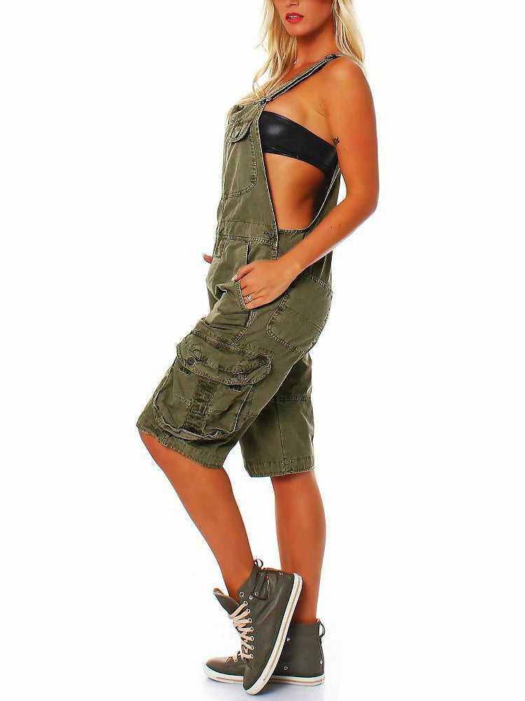 Women's Adjustable Denim Cargo Overall Shorts with Pockets