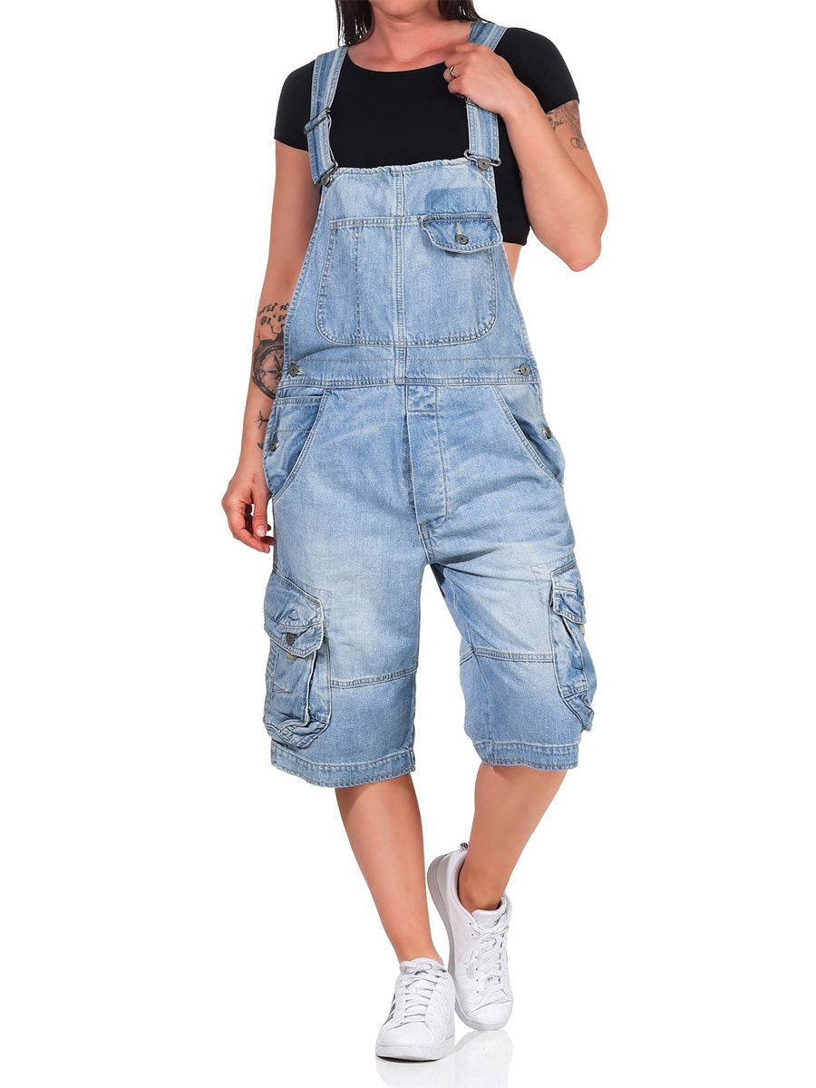 Women's Adjustable Denim Cargo Overall Shorts with Pockets