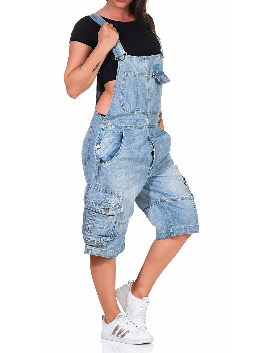 Women's Adjustable Denim Cargo Overall Shorts with Pockets