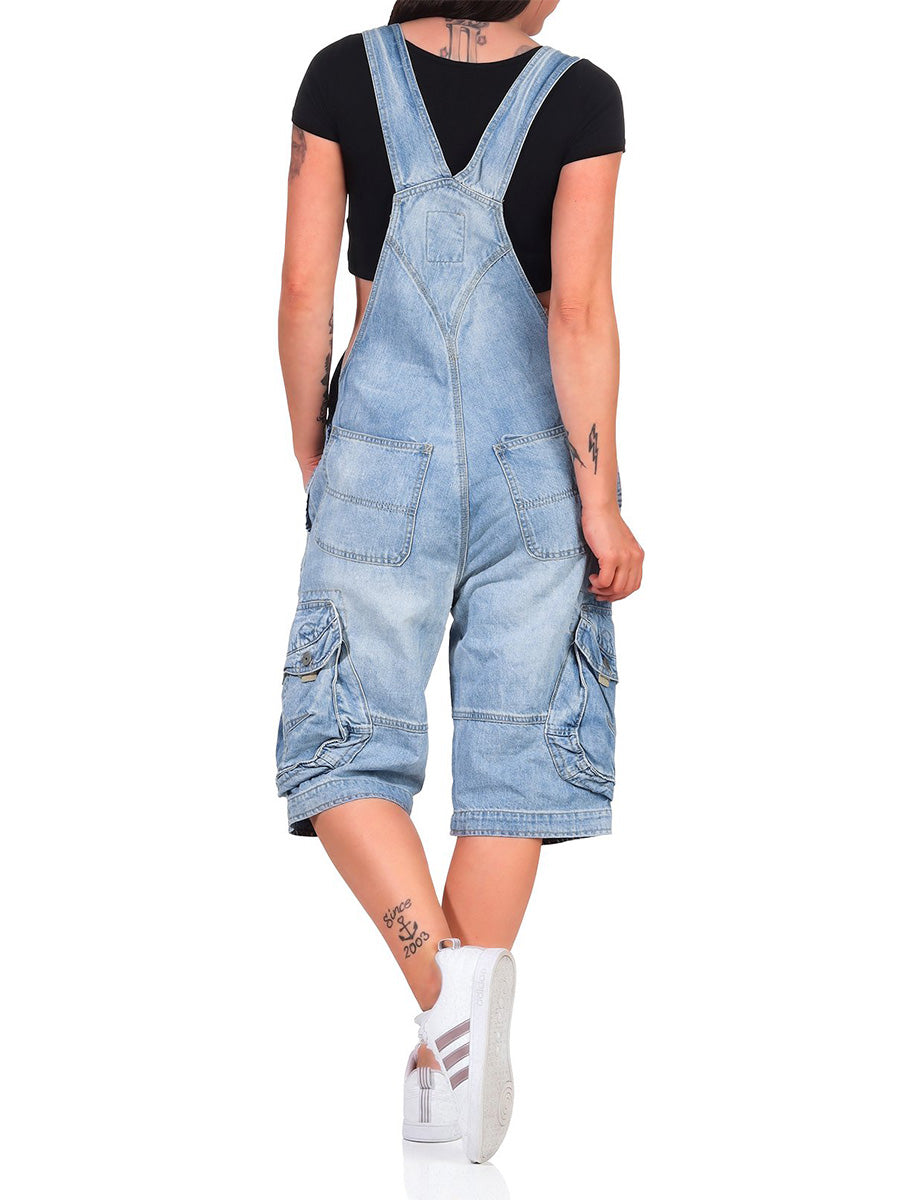 Women's Adjustable Denim Cargo Overall Shorts with Pockets