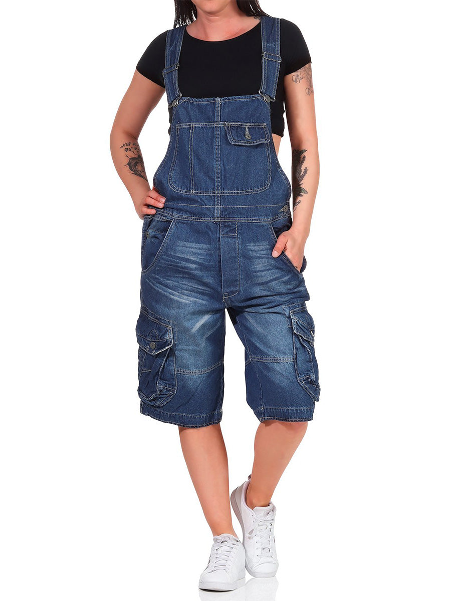 Women's Adjustable Denim Cargo Overall Shorts with Pockets