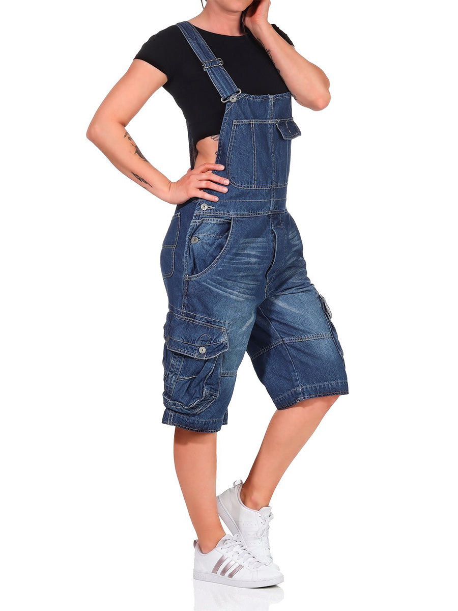 Women's Adjustable Denim Cargo Overall Shorts with Pockets