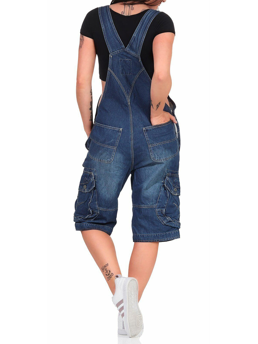 Women's Adjustable Denim Cargo Overall Shorts with Pockets