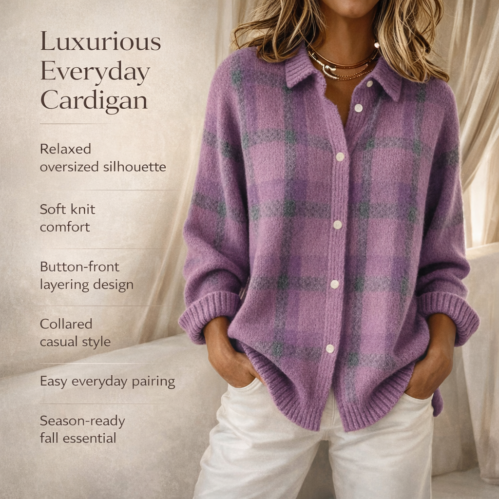 Casual Oversized Plaid Cardigan with Button Front and Long Sleeves