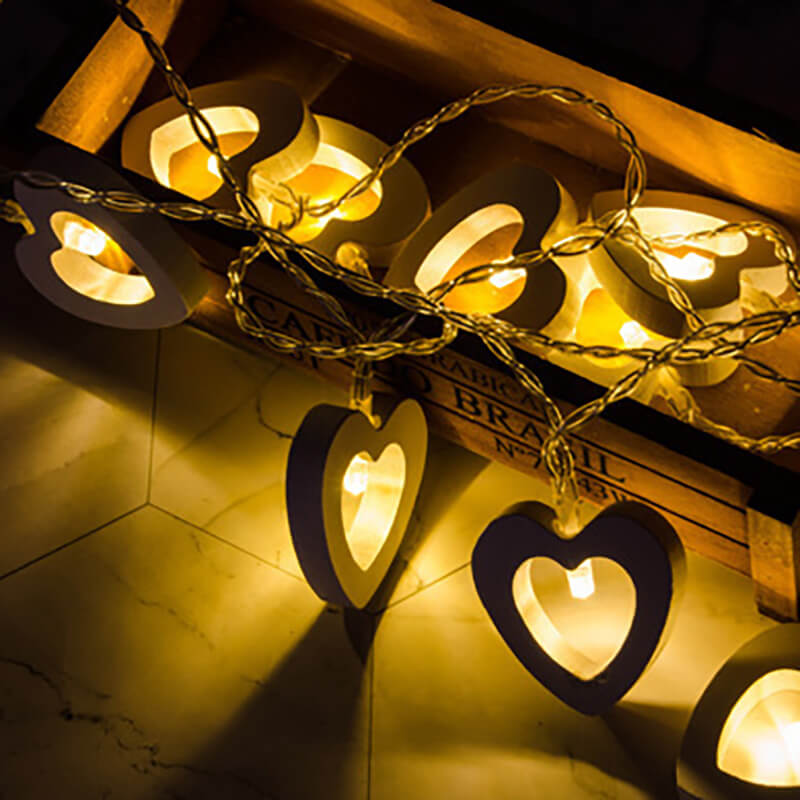 Wooden Heart String Lights with Water-Resistant Lighting Beads
