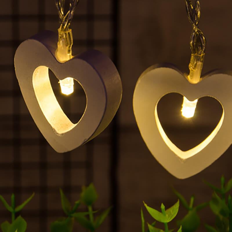 Wooden Heart String Lights with Water-Resistant Lighting Beads