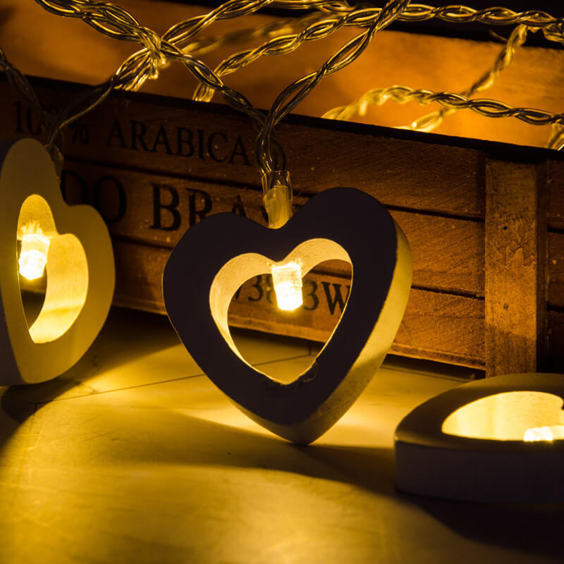 Wooden Heart String Lights with Water-Resistant Lighting Beads