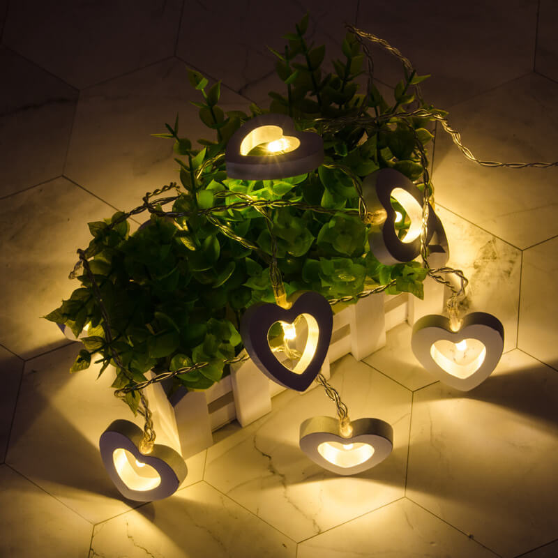 Wooden Heart String Lights with Water-Resistant Lighting Beads