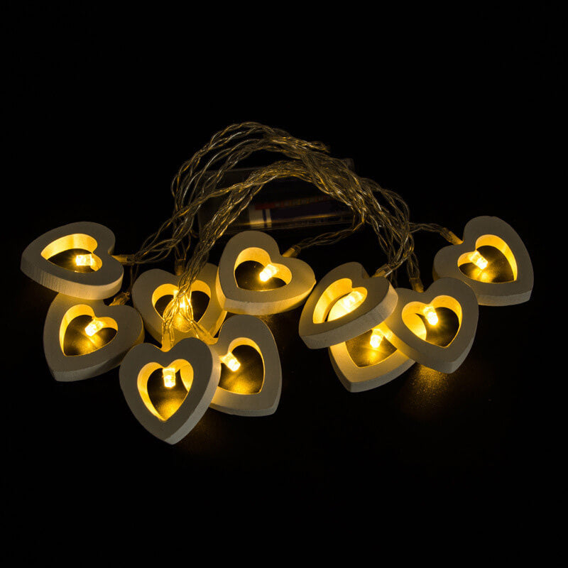 Wooden Heart String Lights with Water-Resistant Lighting Beads
