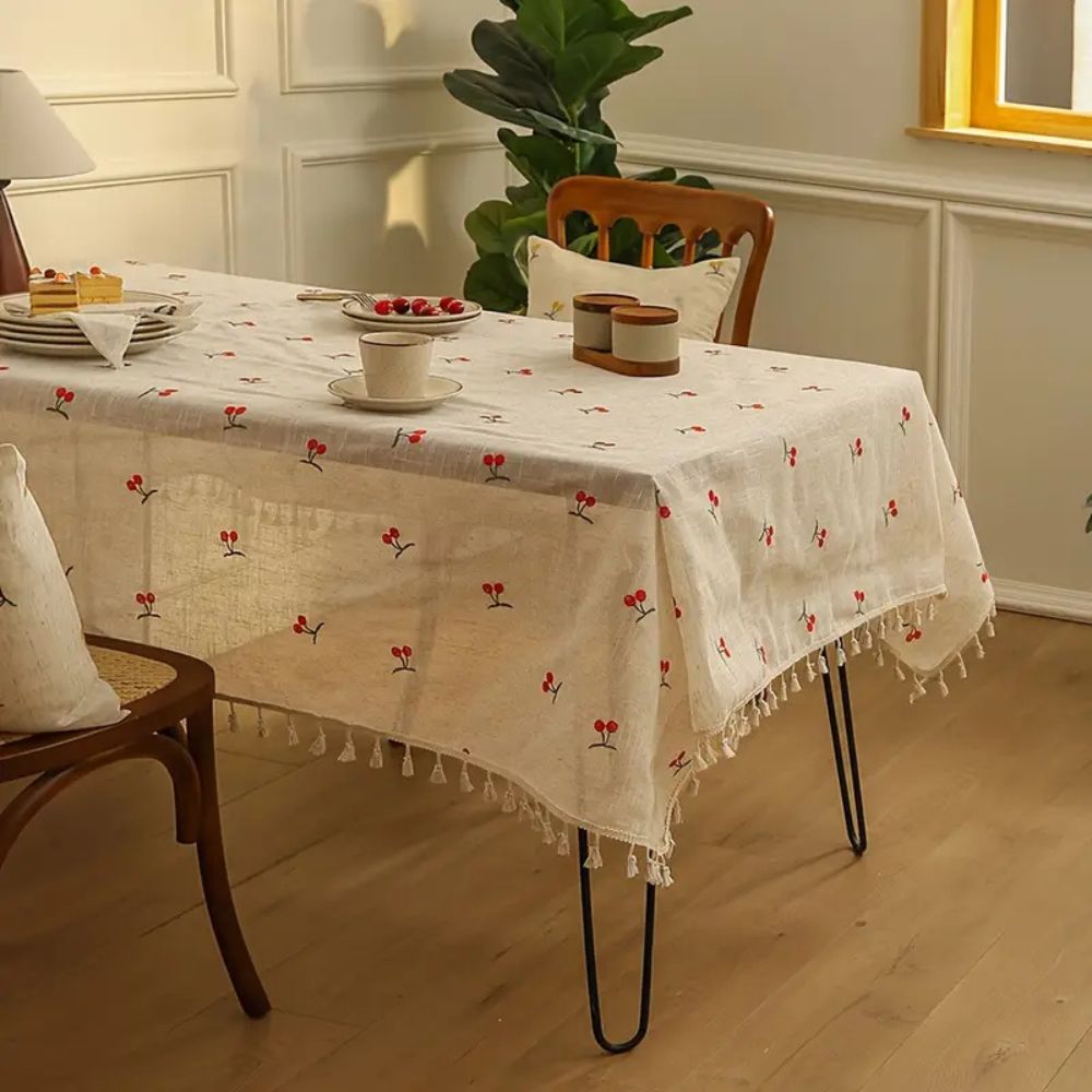 Vintage Red Cherry Embroidered Tassel Tablecloth