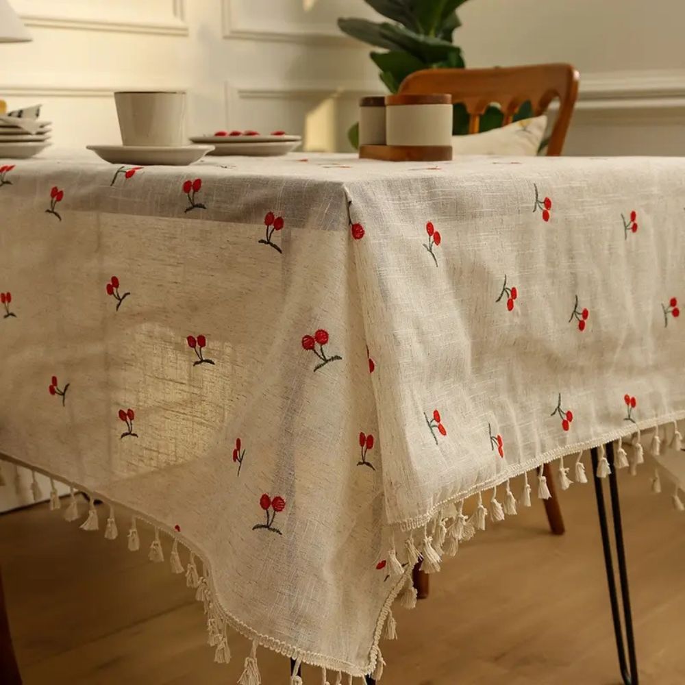 Vintage Red Cherry Embroidered Tassel Tablecloth