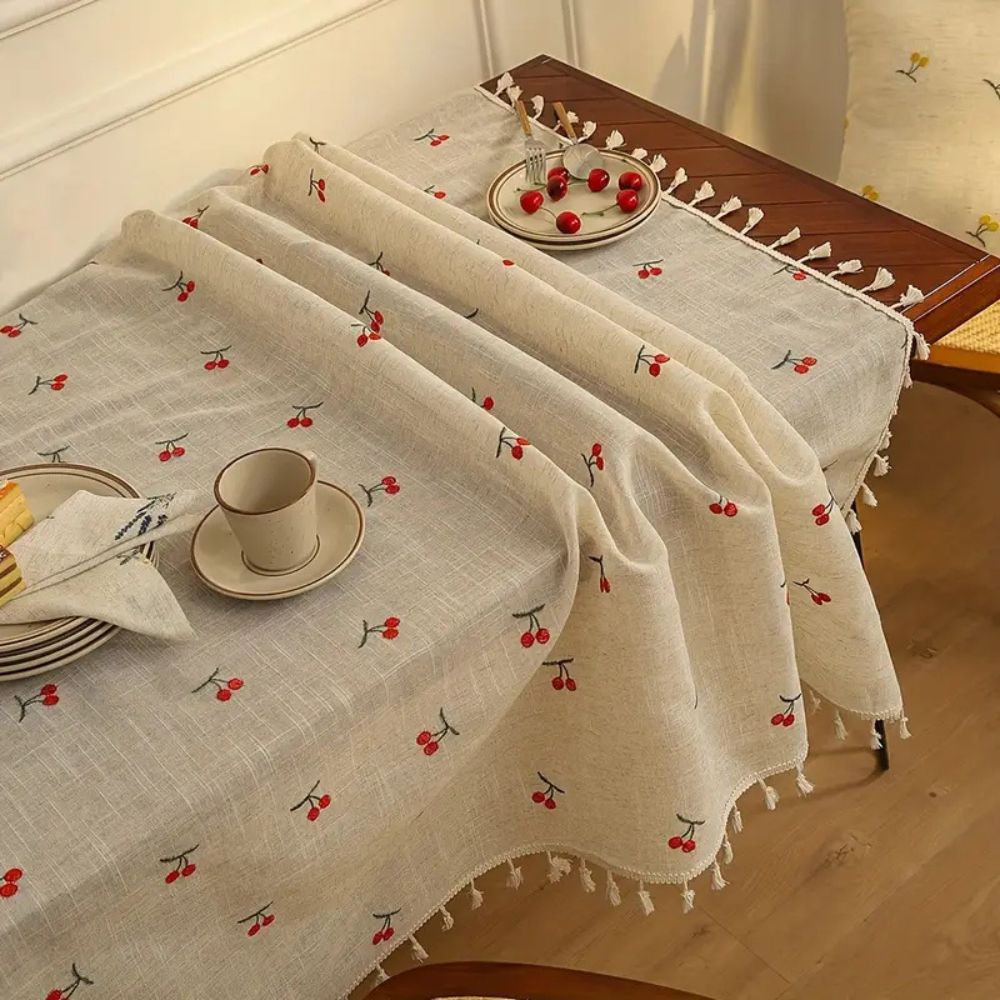 Vintage Red Cherry Embroidered Tassel Tablecloth