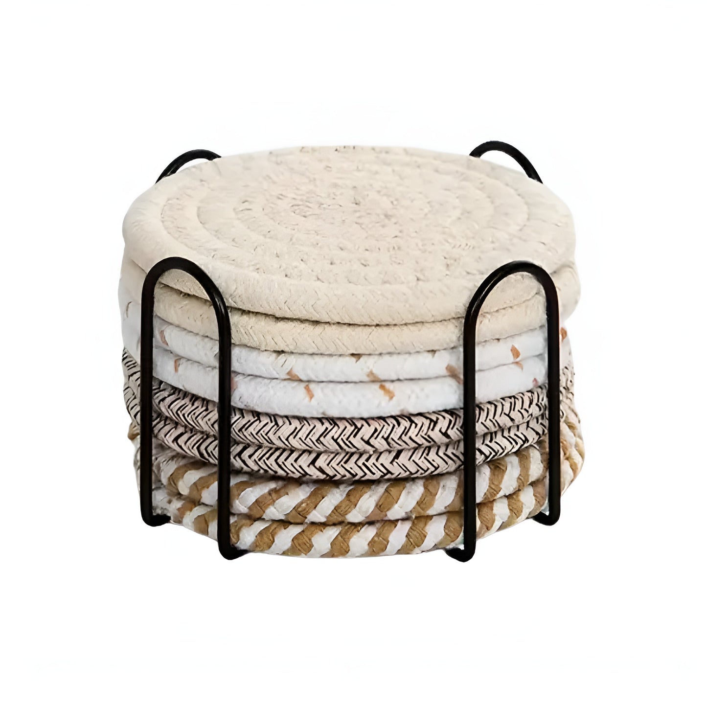 Woven Cotton Coaster Set with Holder - 8 Pieces