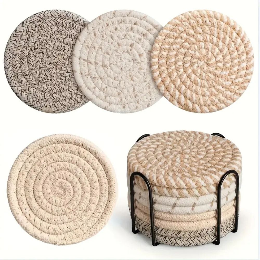 Woven Cotton Coaster Set with Holder - 8 Pieces