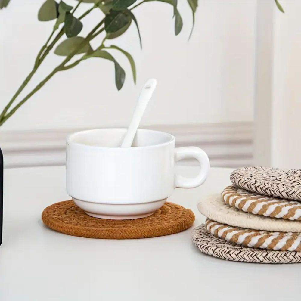 Woven Cotton Coaster Set with Holder - 8 Pieces