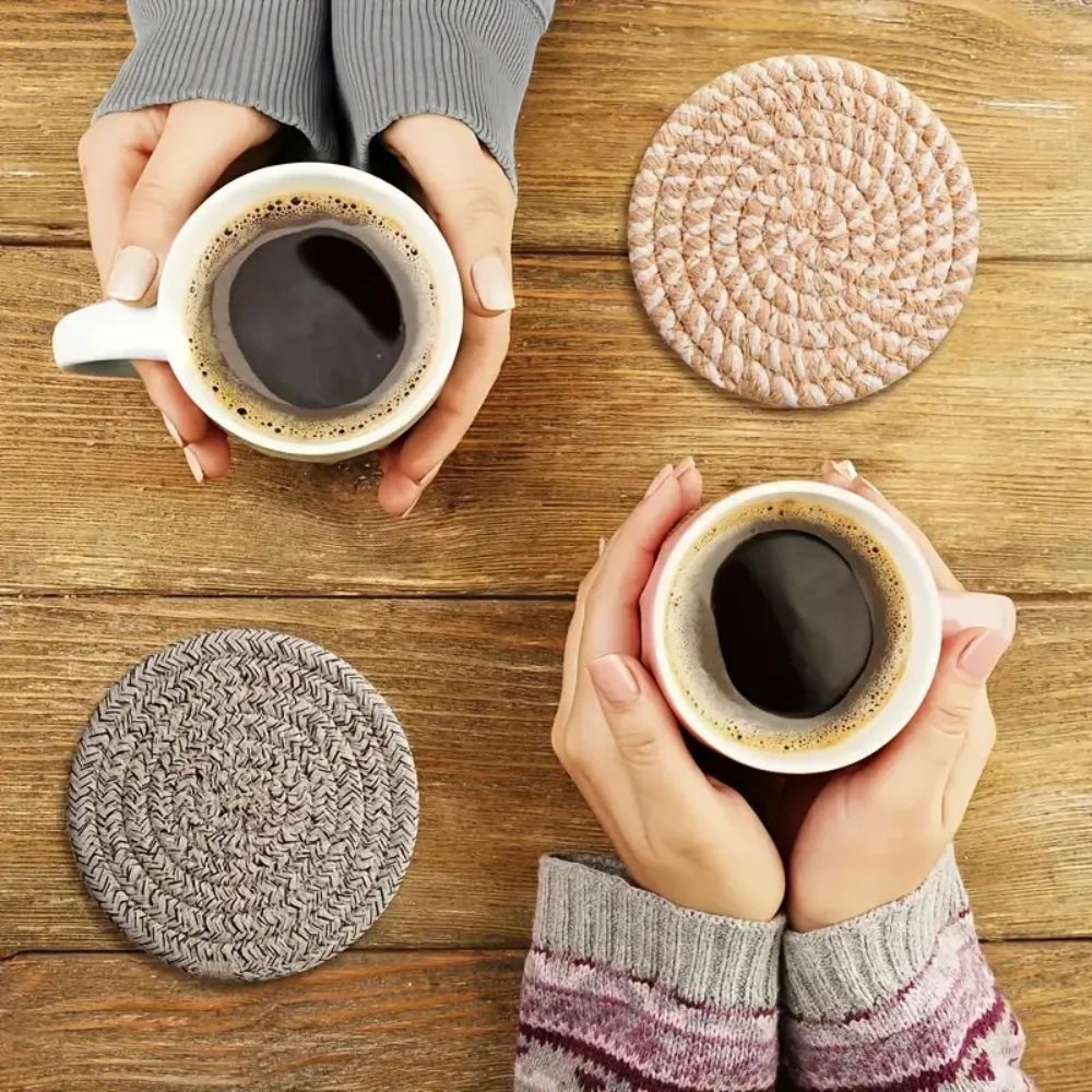 Woven Cotton Coaster Set with Holder - 8 Pieces