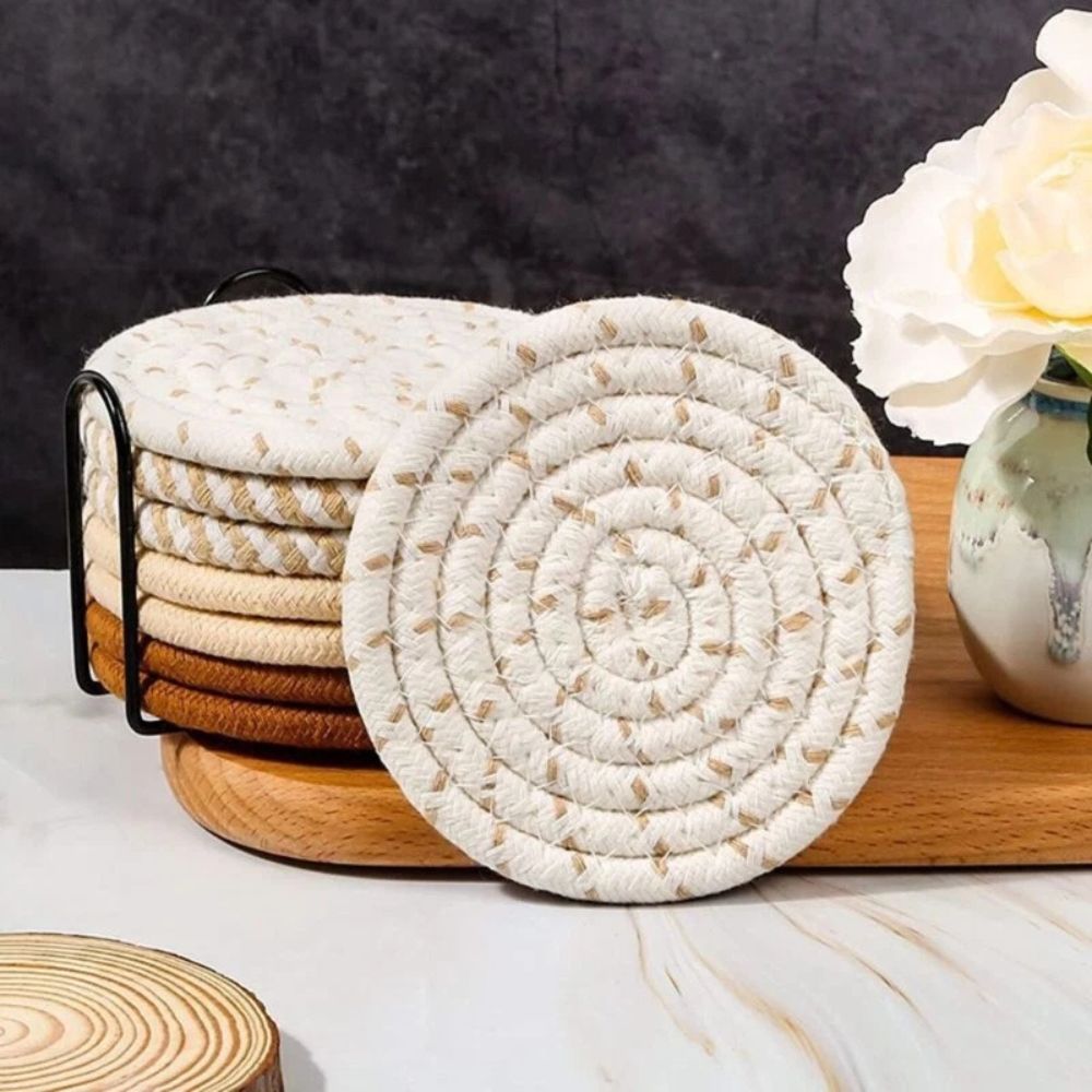 Woven Cotton Coaster Set with Holder - 8 Pieces