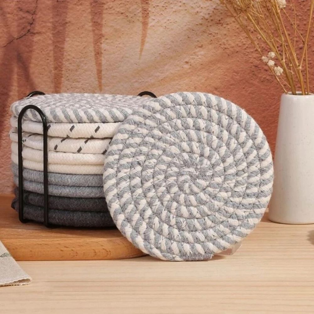 Woven Cotton Coaster Set with Holder - 8 Pieces