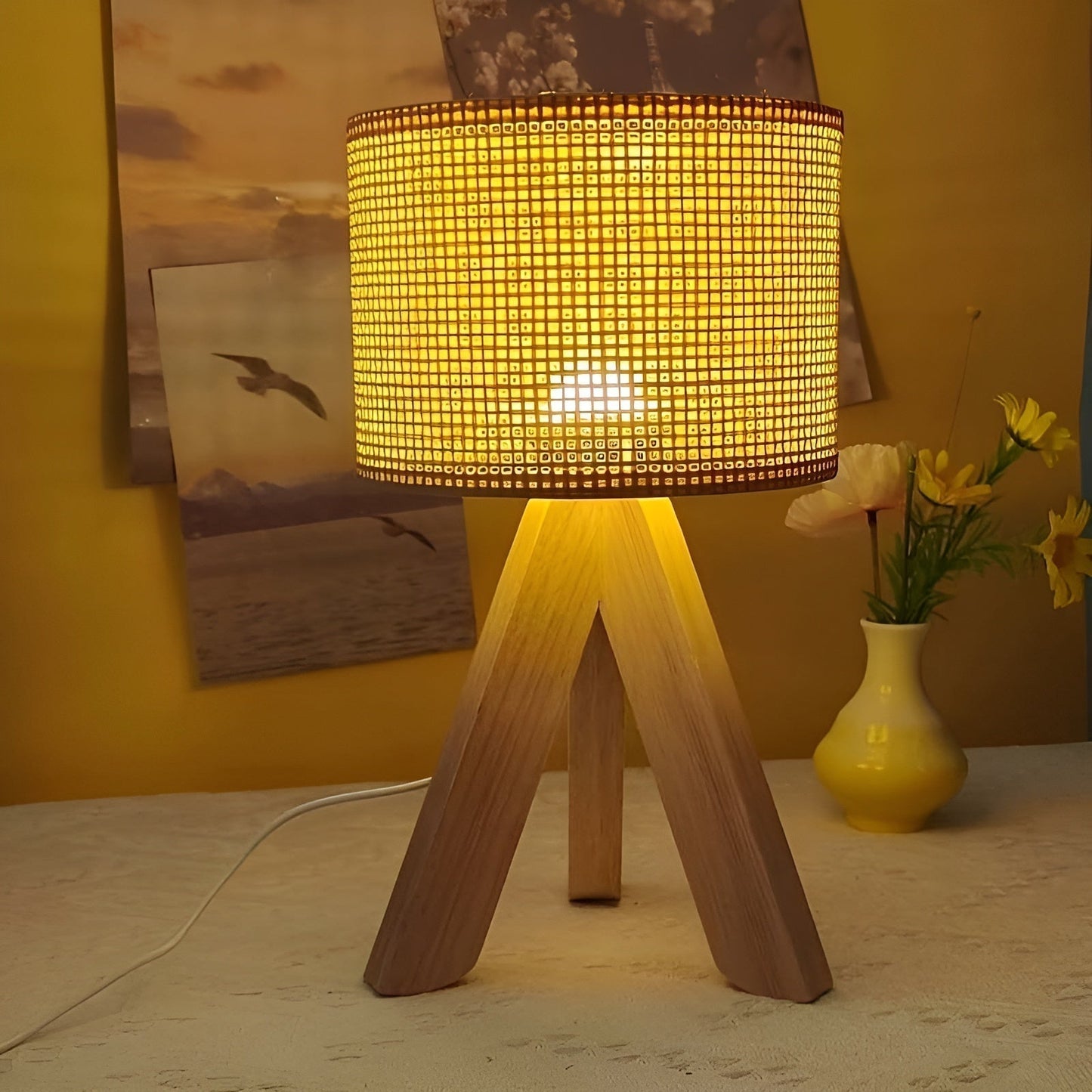 Handmade Rattan Table Lamp with USB and LED Lighting