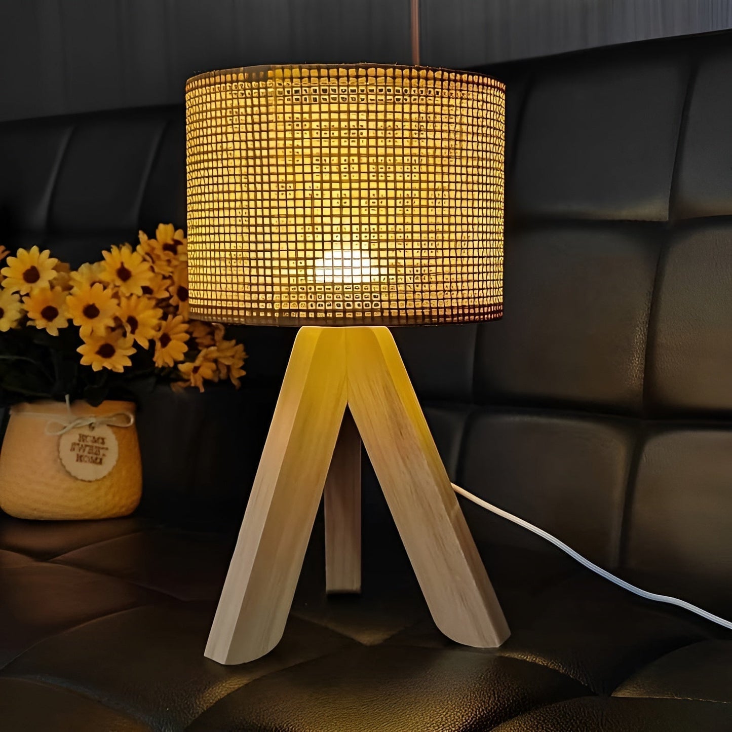 Handmade Rattan Table Lamp with USB and LED Lighting
