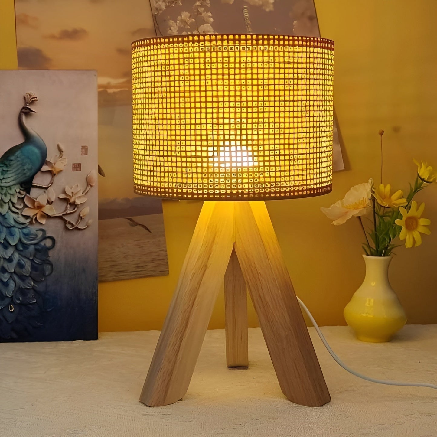 Handmade Rattan Table Lamp with USB and LED Lighting